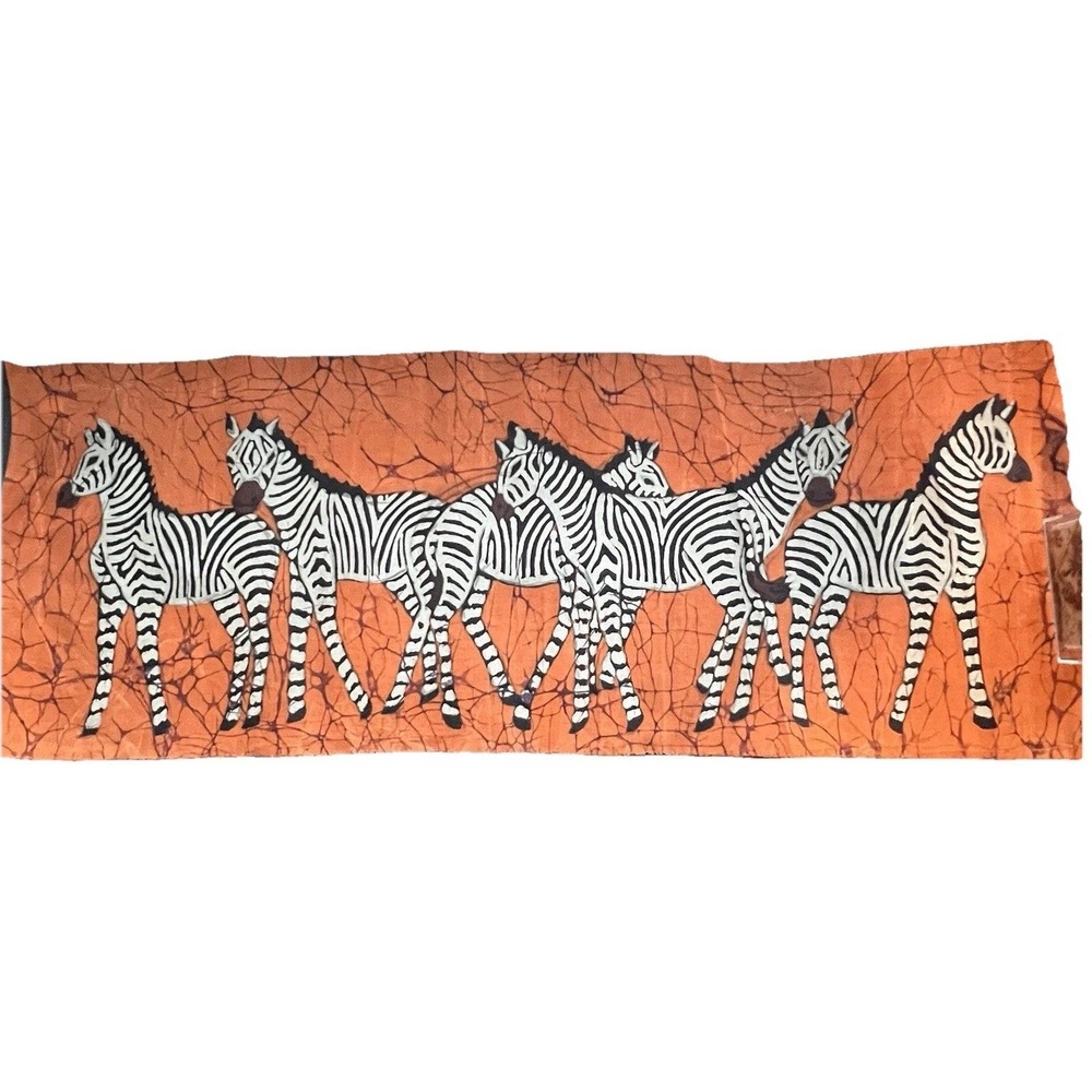 VTG African Wax‎ Batik Wall Art Fabric Zebra Hand Painted 12" x 33" Signed